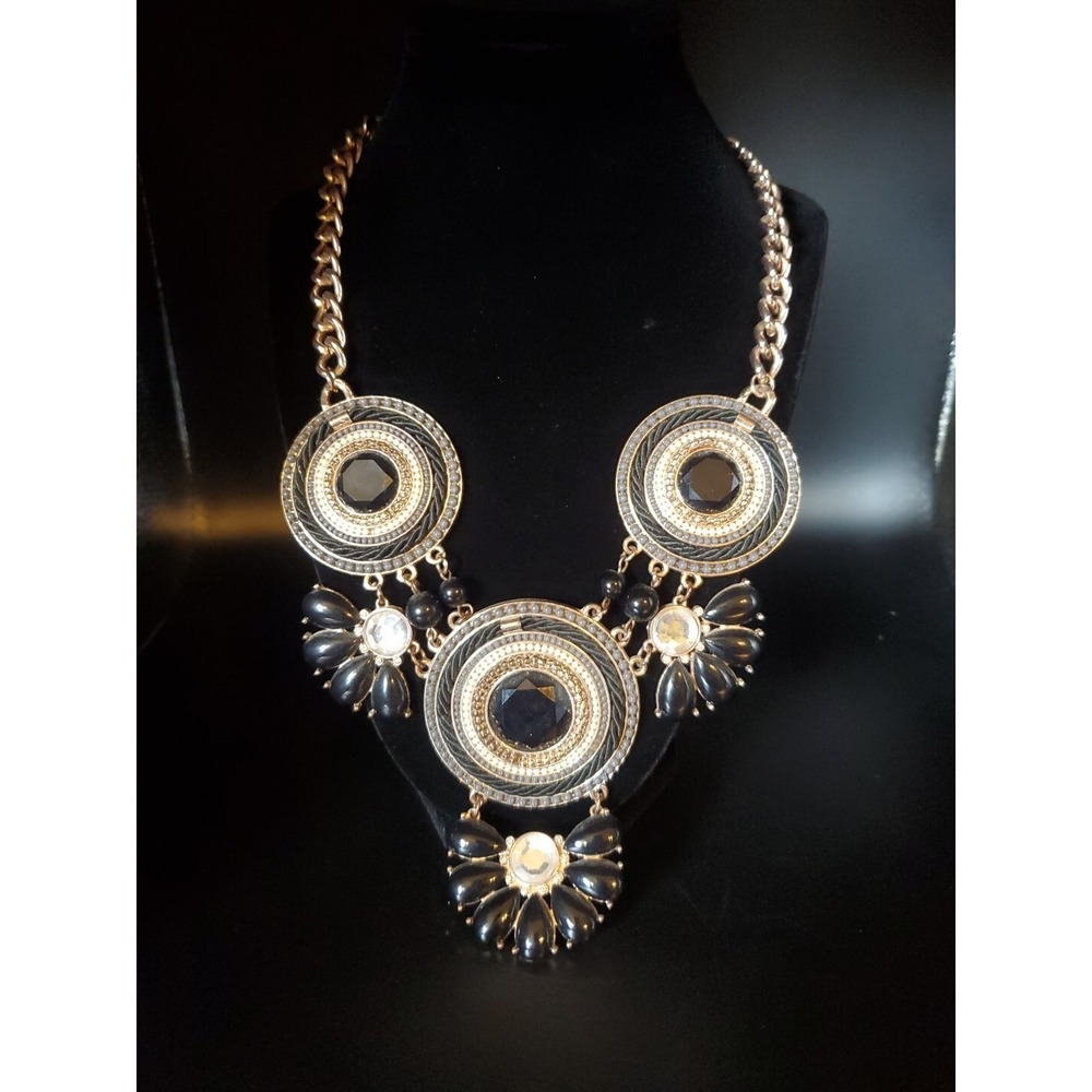 22" Adjustable Chunky‎ Gold Toned & Black Necklace With Acrylic Stones